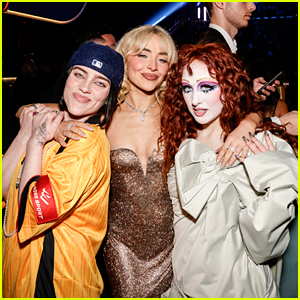 Listed from left to right: Billie Eilish, Sabrina Carpenter, Chappell Roan posing for a group picture at the 2025 Grammys | Source: Just Jared